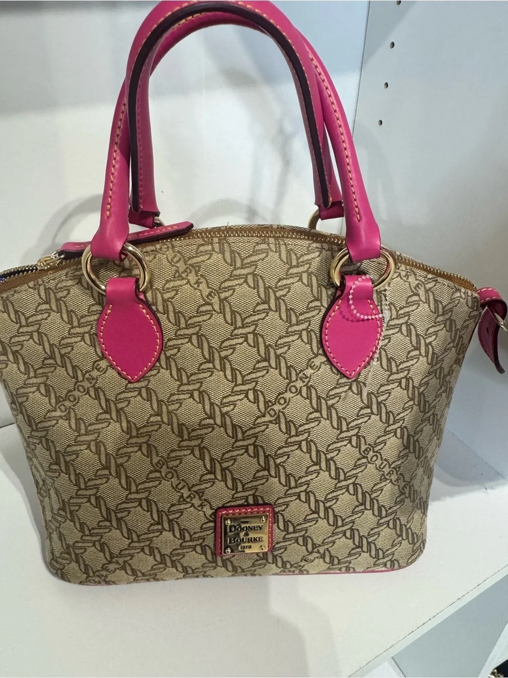 Dooney & Bourke Brown Signature Satchel with Pink Trim